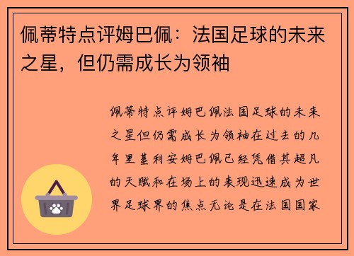 佩蒂特点评姆巴佩：法国足球的未来之星，但仍需成长为领袖