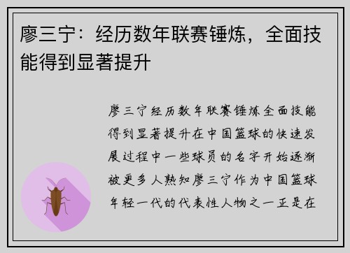 廖三宁：经历数年联赛锤炼，全面技能得到显著提升