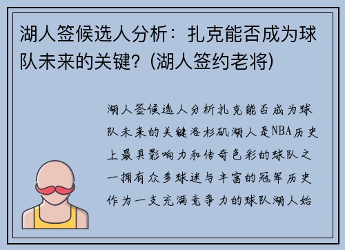 湖人签候选人分析：扎克能否成为球队未来的关键？(湖人签约老将)