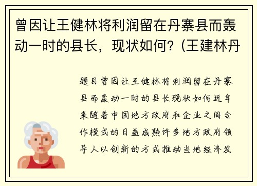 曾因让王健林将利润留在丹寨县而轰动一时的县长，现状如何？(王建林丹寨县长视频)