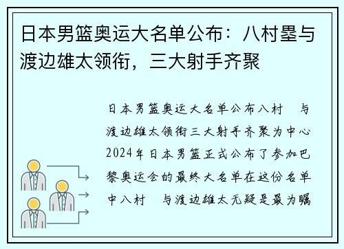 日本男篮奥运大名单公布：八村塁与渡边雄太领衔，三大射手齐聚