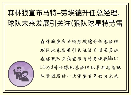 森林狼宣布马特-劳埃德升任总经理，球队未来发展引关注(狼队球星特劳雷)