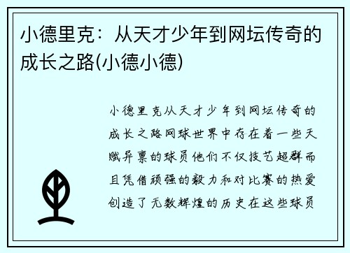 小德里克：从天才少年到网坛传奇的成长之路(小德小德)