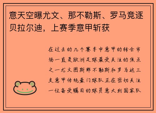 意天空曝尤文、那不勒斯、罗马竞逐贝拉尔迪，上赛季意甲斩获